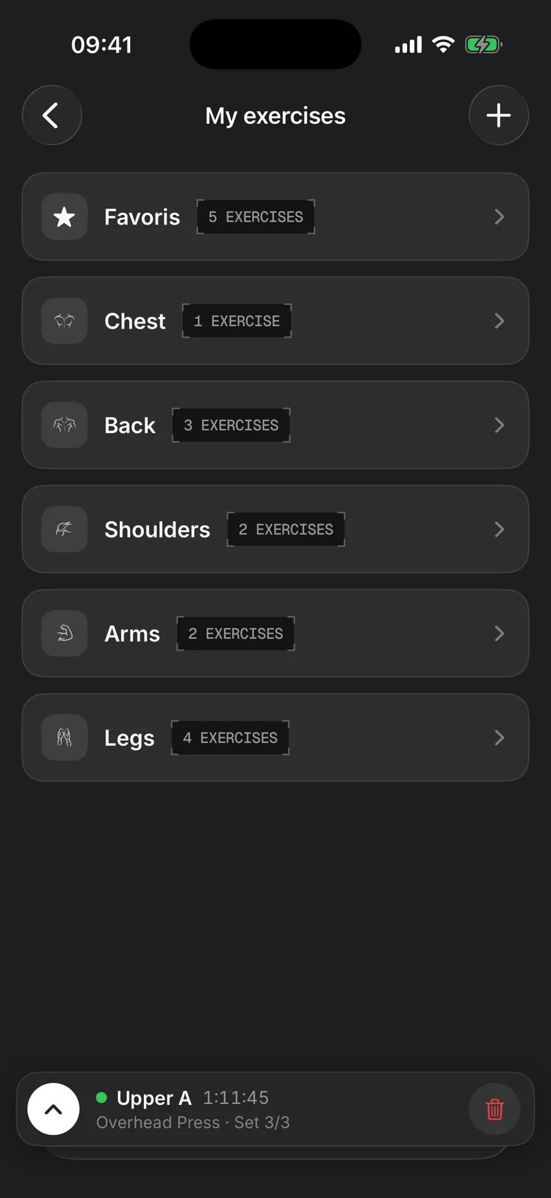 Gymmy's exercise library grouped by muscle: Chest, Back, Shoulders, Arms and Legs, each with its icon and the number of exercises it holds.